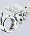 Close-up of 10 Inch Chrome Pliers Wrench, Adjustable, Precision Grade Performance for Pros, gripping a metal nut with zero-backlash jaws.