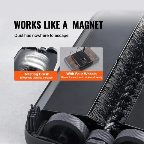 No Strings Attached Manual Carpet Sweeper For Hardwood Floors Tile And Area Rugs showcasing rotating brush and wheels for efficient cleaning.