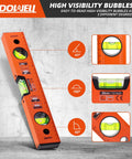 Pro Grade 12 Inch Magnetic Torpedo Level With Dead On Precision Green Acrylic Vials Heavy Duty Aluminum Frame and Shock Absorbing Rubber End Caps for Rock Solid Accuracy on Any DIY or Professional Trade Job with high visibility bubbles at 45, 90, and 180 degrees.