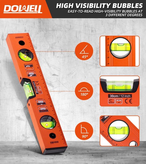 Pro Grade 12 Inch Magnetic Torpedo Level With Dead On Precision Green Acrylic Vials Heavy Duty Aluminum Frame and Shock Absorbing Rubber End Caps for Rock Solid Accuracy on Any DIY or Professional Trade Job with high visibility bubbles at 45, 90, and 180 degrees.