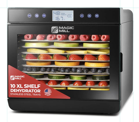 Premium Food Dehydrator With 10 Extra Large Stainless Steel Trays, 700 Watt Dryer filled with assorted fruits and vegetables