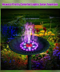 Upgraded Solar Fountain For Garden Pond And Bird Bath With 60 LED RGB Lights 7 Nozzles And 4 Fixers Built In 4000mAh Battery Ideal Outdoor Water Feature For Yard Pool at night with colorful lights illuminating water in a garden setting