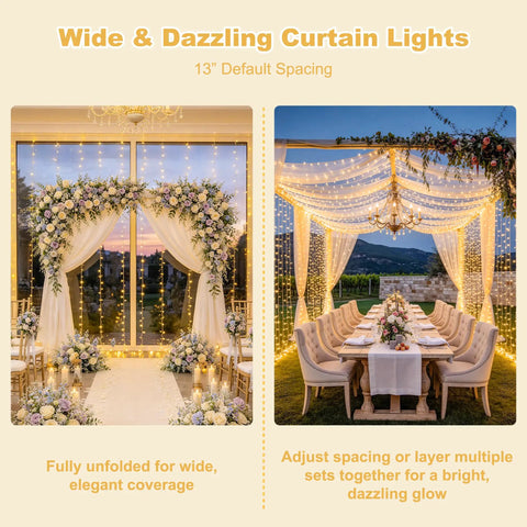 900 LED Outdoor Curtain Lights With Remote, 9.5 By 29.5 Feet Twinkle Warm White String Lights for wedding and gazebo decor