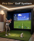 Man using Inflatable Golf Simulator Enclosure 12 X 9 Ft for Indoor Outdoor Use, Portable Hitting Cage with Impact Screen indoors.