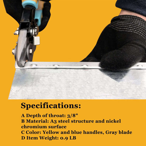 Lock Notcher And Gutter Crimper Tool For Sheet Metal And Vinyl Siding being used on metal sheet with ergonomic grips.