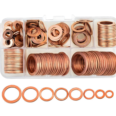 Copper Washers Set 150 Pcs Eight Sizes Sealing Flats M6 M8 M10 M12 M14 M16 M18 M20 in a storage case