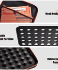 Heavy Duty Chainsaw Chain Storage Case Organizer interior showing mesh pocket, middle fixed partition, and reinforced frame with posts.