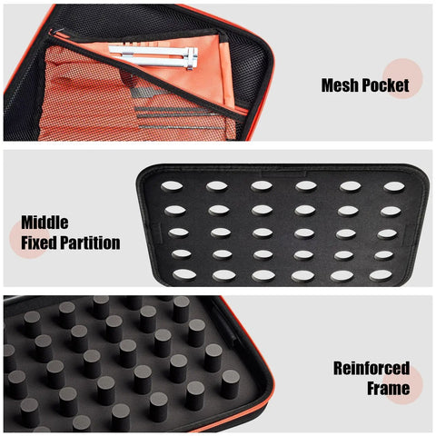 Heavy Duty Chainsaw Chain Storage Case Organizer interior showing mesh pocket, middle fixed partition, and reinforced frame with posts.