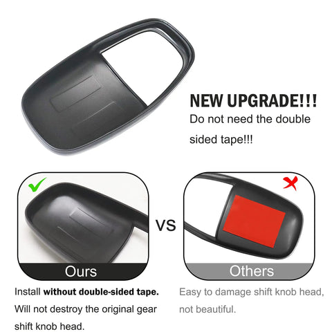 Upgrade graphic of Gear Shift Knob Head Cover Trim Carbon Fiber Red Fit For Dodge Charger 2015-2023 promoting no tape needed feature