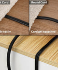 Comparison of flat plug extension cord 12 ft with slick space saving plug design and thin flat cable to round cord under rug and over table
