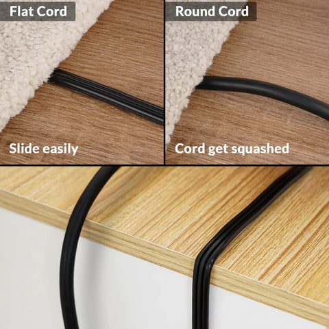 Comparison of flat plug extension cord 12 ft with slick space saving plug design and thin flat cable to round cord under rug and over table