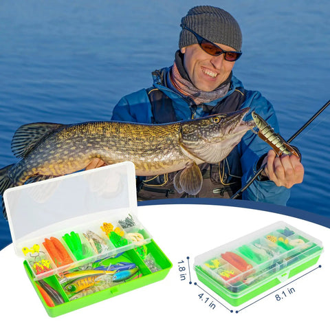 Angler holding fish near All In One Fishing Lures Kit With 92 Pcs Tackle Box Includes Crankbaits Spoons Hooks Weights And Other Accessories