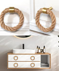 Close-up and installed view of Nautical Twisted Jute Rope Drawer Pulls With Brushed Brass Knobs Set Of 6 for dresser, cabinets, and wardrobes.