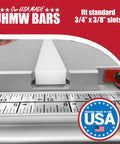 Close-up of 36 Inch Table Saw Miter Bar With Premium UHMW Strips 3/4 By 3/8 Inch for sled kits on a saw table.