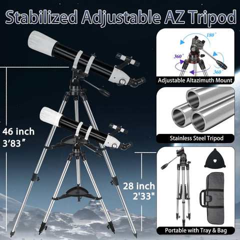 Image showing 90mm Refractor Telescope With 900mm Focal Length For Adults And Beginners, 36x To 270x Magnification, AZ Mount, Carry Bag