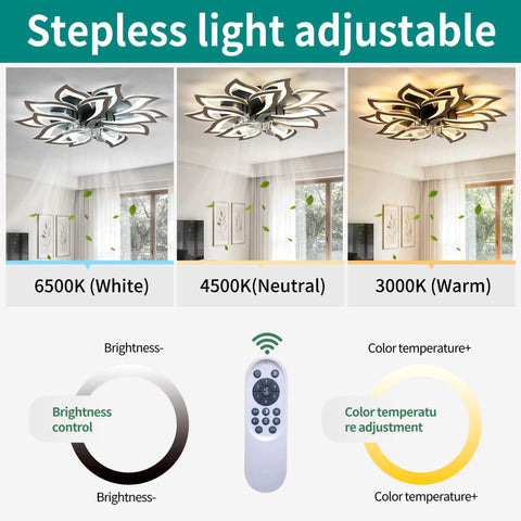 AMZSTAN 35 Inch Modern Flower Ceiling Fan with Light and Remote displaying dimmable color temps 6500K, 4500K, 3000K options.