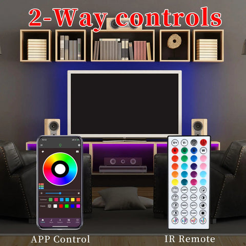 50 Feet RGB LED Strip Lights With Music Sync App Control And 44 Key Remote Flexible Tape Light setup in living room