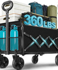 All Terrain Folding Wagon With Heavy Duty Frame And 360 Lbs Capacity Utility Cart loaded with gear and water bottles