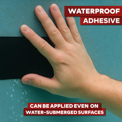 Hand applying Waterproof Patch Seal Tape For Quick Leak Fixes, 6 Inch By 5 Foot Black, Flexible Silicone-Butyl Adhesive on wet surface.