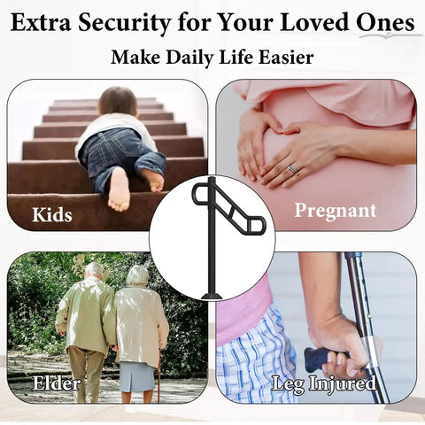 Next Level Black Metal Single Post Handrail For Outdoor Steps, U Shaped Stair Railing, safety rail used by kids and the elderly.
