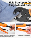 Heavy Duty Snap Fastener Kit With Punch Plier And 280 Pcs 15mm Stainless Snaps Includes Screws Sockets Caps 40 Snap Sets For Boat Covers Tarps Canvas Leather Easy Install Tools In Clear Storage Box showing plier on fabric.