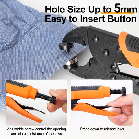 Heavy Duty Snap Fastener Kit With Punch Plier And 280 Pcs 15mm Stainless Snaps Includes Screws Sockets Caps 40 Snap Sets For Boat Covers Tarps Canvas Leather Easy Install Tools In Clear Storage Box showing plier on fabric.