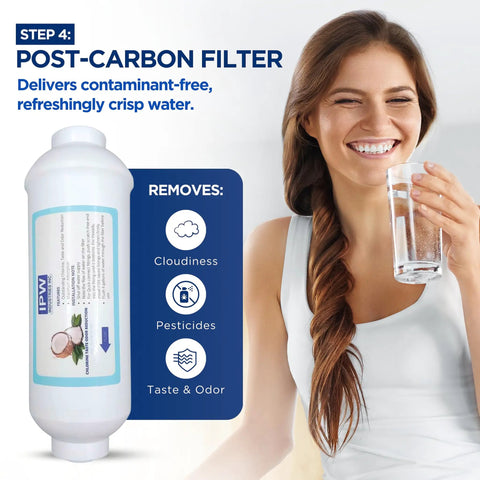 Replacement Filter Set for AC 30 Reverse Osmosis System 4 Pack Cartridges and Membrane for Home Use next to happy woman with glass of water.