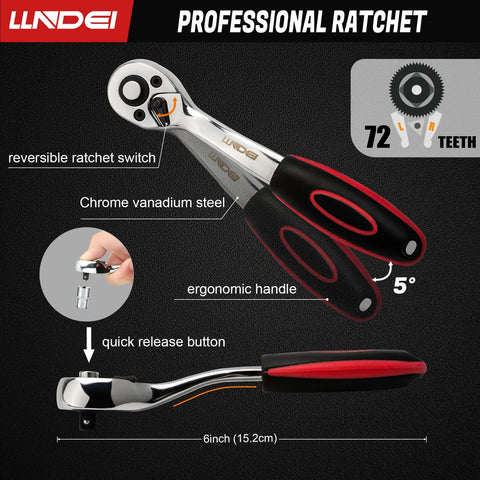 Professional ratchet detailed features; ergonomic handle, chrome vanadium, reversible switch; part of 1/4 Inch Drive Socket Set