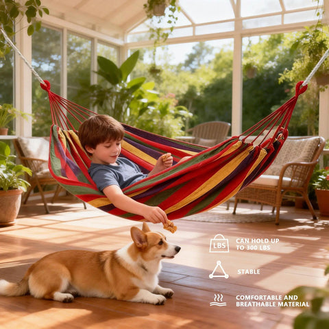Canvas Hammock With Durable Comfort For Patio Yard Garden Backyard And Travel Portable And Easy Setup With Carrying Bag Included Ideal For Camping Outdoor Relaxation In Spacious 230 Centimeter Long Design For Supremely Comfortable Kick Back Anywhere shown with a child lounging indoors.