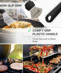 Stainless Steel Griddle Spatula Set of 3 With Scraper Heavy Duty Spatulas for Cast Iron Grill and Flat Top BBQ in use on grill