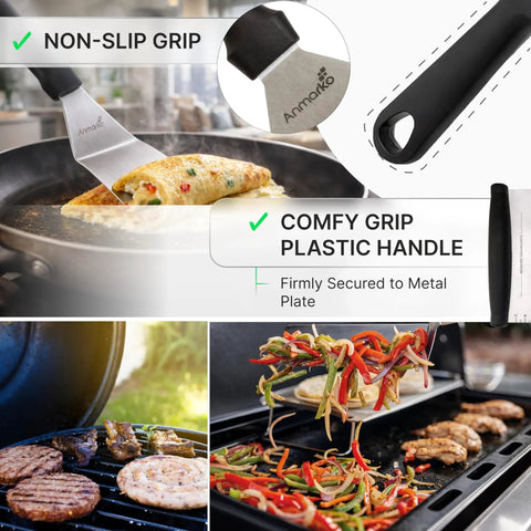 Stainless Steel Griddle Spatula Set of 3 With Scraper Heavy Duty Spatulas for Cast Iron Grill and Flat Top BBQ in use on grill