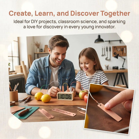 A father and daughter using Copper Zinc Electroplating Kit 20 Pieces Metal Sheets 1.57x0.35x0.08 Inches for a science project.