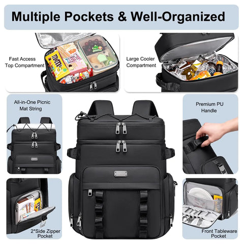 Insulated Cooler Backpack With Leakproof Lining And Double Deck Design For Travel Camping Picnics And Beach Days 31L Holds 52 Cans Keeps Food Cold All Day Comfortable Everyday Use For Men And Women shown with multiple compartments and storage.