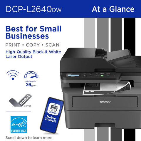 Compact Monochrome 3 In 1 Laser Printer With Copy Scan And Auto Duplex Wireless And Mobile Printing Alexa Compatible No Fuss Small Biz Workhorse for home office use includes refresh trial, showing print speed and mobile compatibility.