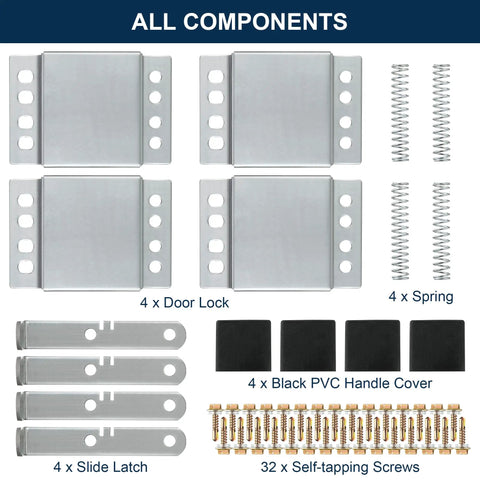 4 Pack Heavy Duty Galvanized Steel Garage Door Side Lock Latch Inside Double Deadbolt Assembly Left And Right Flip components image showing door locks, slide latches, springs.