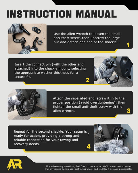 Instruction manual for Three Quarter Inch D Ring Shackles With Seven Eighths Inch Quick Connect Pins, step-by-step assembly guide.