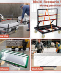This Workhorse Heavy Duty Drywall Moving Cart With 2400 Lbs Capacity shown with multiple usage scenarios in home, warehouse, work site