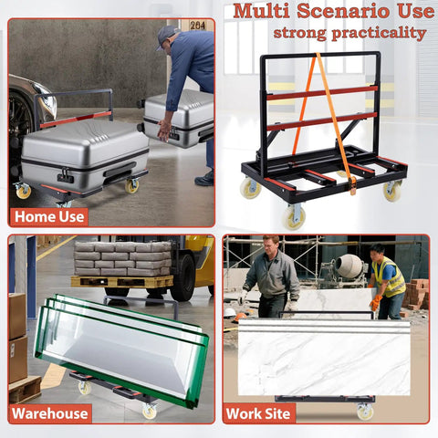 This Workhorse Heavy Duty Drywall Moving Cart With 2400 Lbs Capacity shown with multiple usage scenarios in home, warehouse, work site