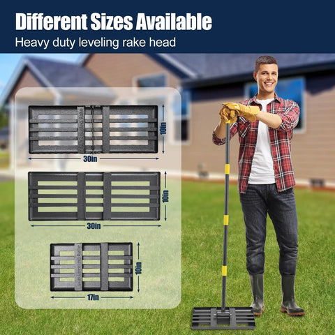 Man holding Lawn Leveling Rake With 17x10 Inch Heavy Duty Stainless Steel Head And 72 Inch Adjustable Handle in yard
