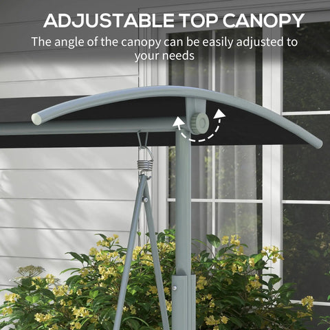 Adjustable canopy on Two Person Porch Swing With Stand And Canopy Outdoor Swing With Pivot Storage Table And Cup Holders Cushions