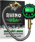Front view of Rhino USA digital tire pressure gauge with braided hose and brass valve beside its box