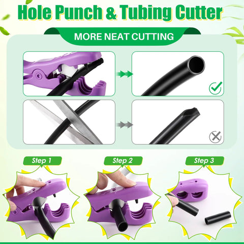 Two In One Drip Irrigation Hole Punch And Tubing Cutter For One Quarter Inch Fittings tool in use on pipes with neat cuts