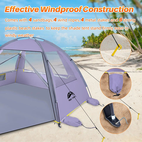 Beach Shade Tent With UPF 50 Plus Sun Protection For 3 To 8 People Portable Family Beach Canopy with windproof setup on sandy beach