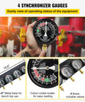 Fuel Vacuum Carburetor Synchronizer Tool Kit With 2 Inch Gauge Set And Rubber Hose For Motorcycle Tuning Carb Sync Gauge With Readouts From 0 To 76 cm Hg Shutoff Valve Chrome Finish Easy Spark Misfire Troubleshooting And Engine Performance, 4 gauge set
