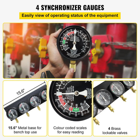 Fuel Vacuum Carburetor Synchronizer Tool Kit With 2 Inch Gauge Set And Rubber Hose For Motorcycle Tuning Carb Sync Gauge With Readouts From 0 To 76 cm Hg Shutoff Valve Chrome Finish Easy Spark Misfire Troubleshooting And Engine Performance, 4 gauge set