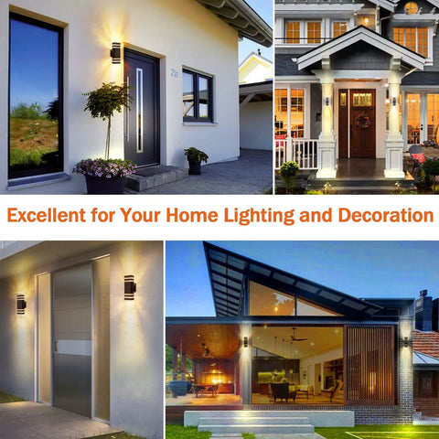 Two Pack Dusk To Dawn Outdoor Wall Lights Up Down Exterior Fixtures shown on modern homes at night, enhancing entrances with lighting