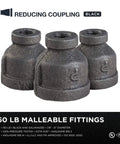 Built Tough Malleable Iron Reducing Coupling Threaded Pipe Fitting Connector 6X4 Inch Heavy Gauge Steel Plumbing Supply For DIY Renovations Rock Solid Reliable Construction Pack Of 5 With Battle Tested Black Finish Durable Threads - black malleable iron reducing coupling fittings in a close-up view.