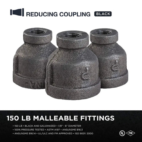 Built Tough Malleable Iron Reducing Coupling Threaded Pipe Fitting Connector 6X4 Inch Heavy Gauge Steel Plumbing Supply For DIY Renovations Rock Solid Reliable Construction Pack Of 5 With Battle Tested Black Finish Durable Threads - black malleable iron reducing coupling fittings in a close-up view.