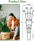 Woman sitting next to plant with 32.6 Inch Expandable Metal Plant Trellis For Indoor And Outdoor Climbing Plants Two Pack Heavy Duty Tall Support.