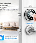 Keyless Deadbolt Smart Door Lock For Front Door With Code And Fob Access App Control Auto Lock Super Easy Install All Weather Indoor Outdoor Security For Short Term Rentals And Homes, shown installed on a front door.